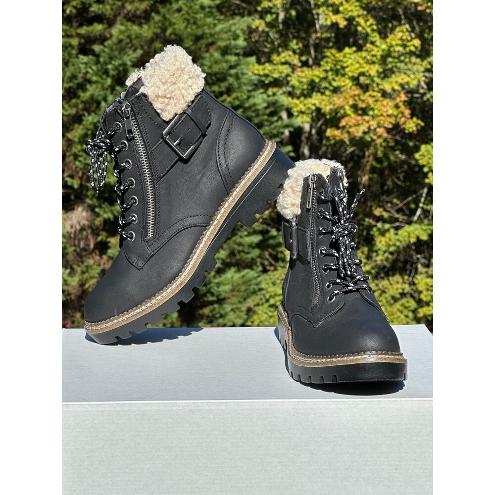 NEW Black Leather Fur Lined Lace Up Winter Combat Hiking Chukka Boots - Womens 6